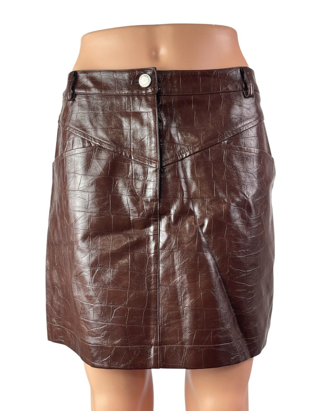 Avec Les Filles Brown Croc Embossed Faux Vegan Leather Mini Flare A-Line Skirt S